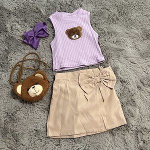 Girls Bear Purple Shirt with Tan Skirt Outfit Set 4 Piece Set New Size 5